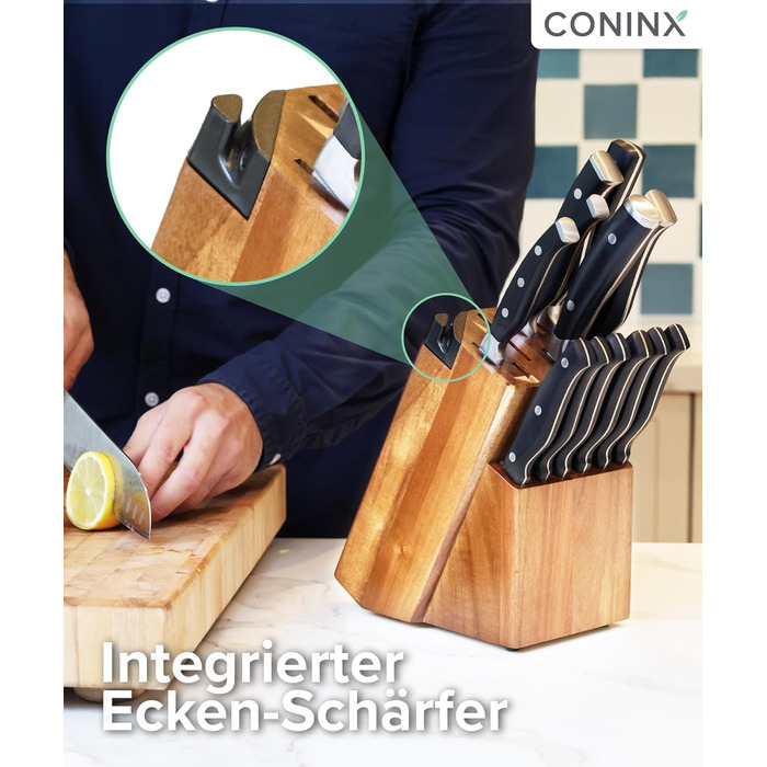 Блок для ножів Coninx Universal з інтегрірувачем – Тримач для ножів з акації на 15 слотів – Стійкий підставка для кухонних ножів, хлібного ножа, ножа для стейка та ножиць, коричневий з інтегрірувачем