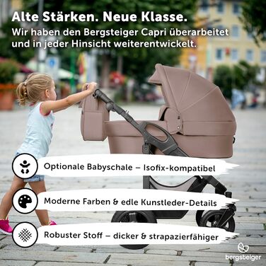 Дитяча коляска 3-в-1 Bergsteiger Capri – люлька, автокрісло i-Size, прогулянковий блок, повітряні колеса, амортизація, регульована ручка, складна, аксесуари (колір: коричневий, рама: антрацит)