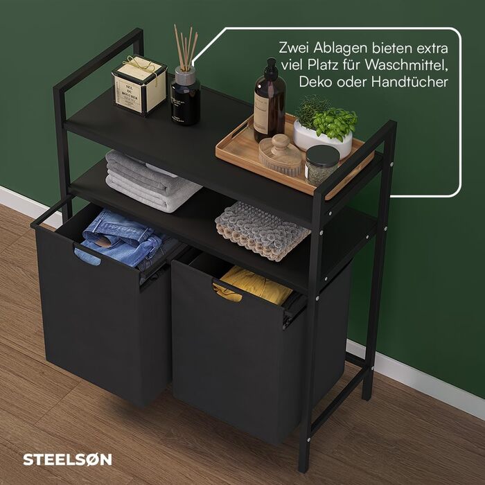 STEELSØN Rigil Кошик для білизни з 2 відділеннями та полицею з бамбука – 2 кошики по 45 л, чорний – металевий сортер для білизни з висувними мішками