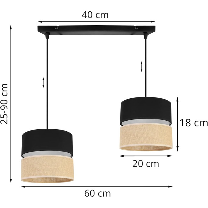 Підвісний світильник Juta для дому - Стельовий світильник - Металевий підвісний світильник з тканинним абажуром - E27 - Класичний 3-світловий 20 см - Чорний п'єдестал - (Джут чорний, чорна основа - 2-полум'я)