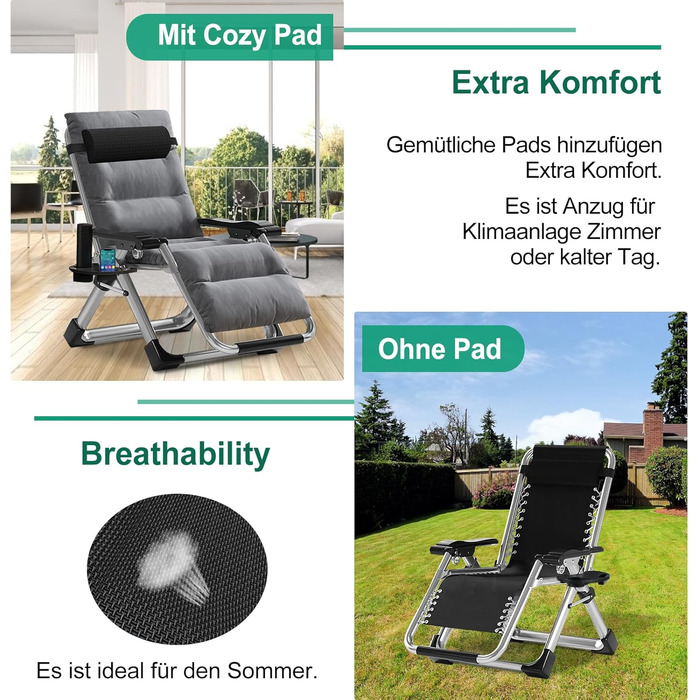 Складаний лежак з підголівником, 200 кг, сірий – для дому, балкону, пляжу, басейну