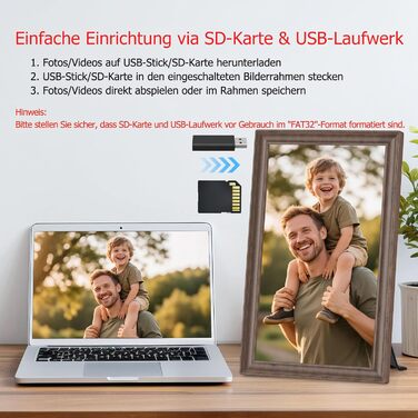 Цифровий фоторамка Frameo 10.1 дюйма з Wi-Fi, сенсорний IPS екран HD 1280*800, 32GB пам'яті, автоповорот, підтримка Frameo App для зручного обміну фото та відео, корпус з дерева (15.6 дюймів)