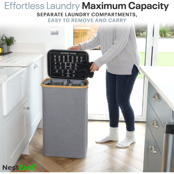 Кошик для білизни Nest Zest 100L з кришкою, 2 відділення для сортування, з інструкцією по догляду та 2 знімними внутрішніми кишенями, з бамбуковим обідком, Оксфордська тканина (Сірий)
