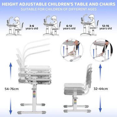Дитячий письмовий стіл і набір стільців, регульований по висоті, багатофункціональний з лампою та підставкою для читання (сірий)
