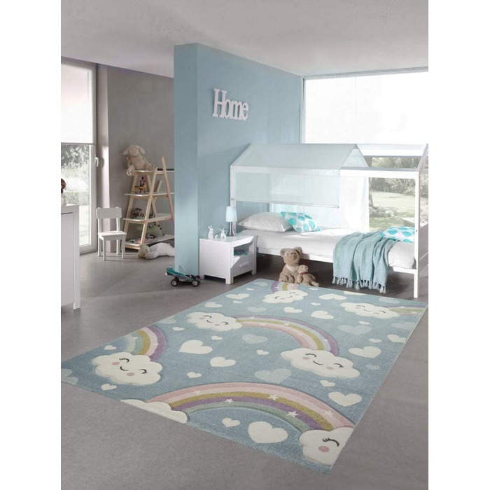 Килим-дитяча мрія килим для дитячої кімнати Веселка з хмарами і сердечками синього кольору розмір 80x150 см (120x170 см)