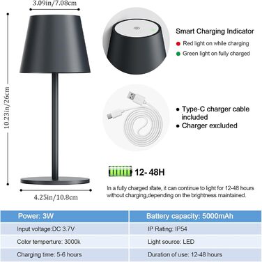 LED настільна лампа Lundwa з акумулятором, 26 см, 5000 mAh, 3W, 3000K, IP54, для кемпінгу, ресторану, спальні, бару (1 шт.)