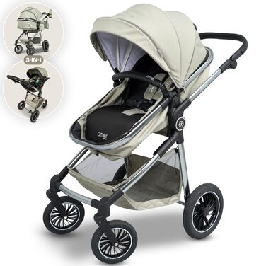 Дитяча коляска 3 в 1 з автокріслом та люлькою | Коляска для новонароджених з 5-точковим ременем безпеки | Кольори: світло-оливковий