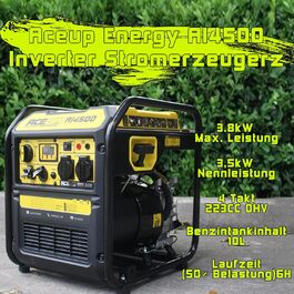 Інверторний генератор Aceup 3400W: бензиновий, 230V, 12V, USB, цифровий дисплей, для дому, кемпінгу, 4-тактний, 23кг