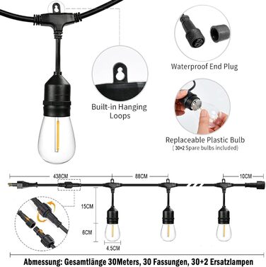 LED гірлянда для саду та тераси, 30 метрів, IP65, 15+1 лампочки E27, 2700K (тепле біле світло), для декору саду, вечірок та свят