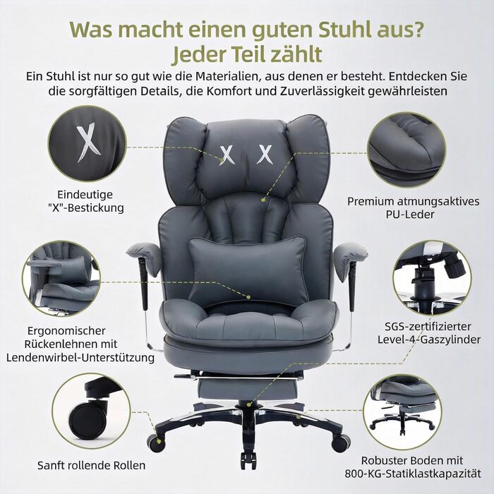 Офісне крісло Efomao X-Stickerei для дому та офісу, шкіряне (PU) для великих та високих, з регульованою спинкою, підставкою для ніг та підтримкою попереку, чорне, до 200 кг