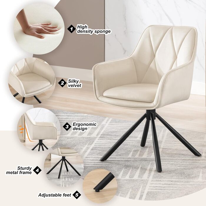 Крісла для їдальні Lestarain - обертаються, з підлокітниками, для кухні, вітальні, спальні, бежеві, комплект з 1 шт.