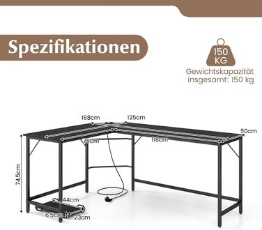 Письмовий стіл COSTWAY L-подібний з розетками та підставкою для процесора, 168x125x74.5 см, чорний, для домашнього офісу