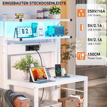 Кухонна полиця-стійка з розеткою, підставка для мікрохвильовки, 5-ярусна кавобар станція з LED-підсвічуванням, полиця для спецій, каструль та сковороди (60 см, білий)