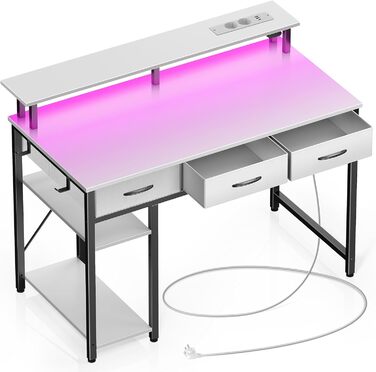 Комп'ютерний стіл Rolanstar з ящиками, розетками та LED підсвіткою, геймінговий стіл з підставкою для монітора, полиця та 2 гачки, для офісу та вітальні (білий, 100x47x90,5 см)