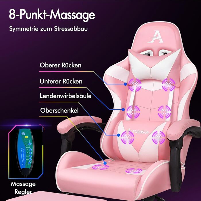 Ігровий крісло Alfordson з регульованою підніжкою, 8 точками масажу, нахилом 150°, PU-шкіра, чорний (Eryx - Рожевий, серія Eryx)