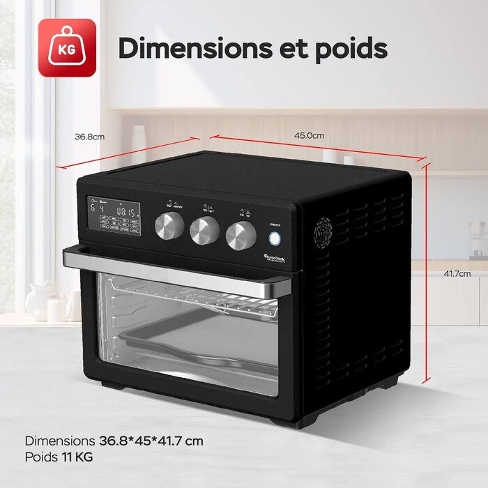 TurboTronic Цифровий Конвекційний Духовий Шовкопряд - XXL 32 літри з поворотним шампуром для курки 5 в 1 Міні-духовка, сушарка та фритюрниця Airfryer від 25°C (Чорний)
