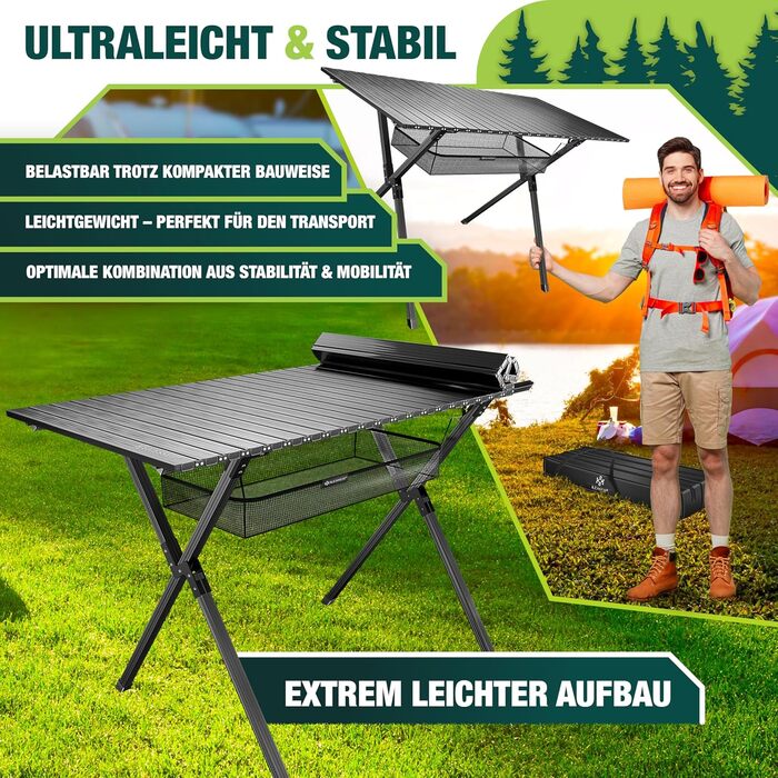 Складаний туристичний стіл KESSER® з алюмінієвим каркасом, регулюванням висоти, 90x53 см, до 100 кг, з сумкою та кишенькою