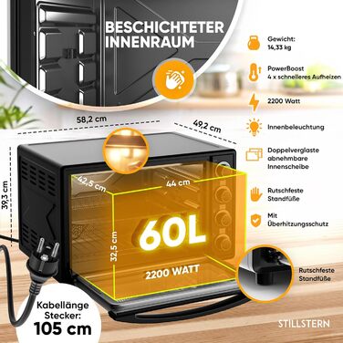 Міні-піч Stillstern CYCLONE PRO+ 60л з конвекцією: піч, гриль, тостер, піцца, для кемпінгу. Антипригарне покриття, Airfryer, рецепти, рожніца, 2200W