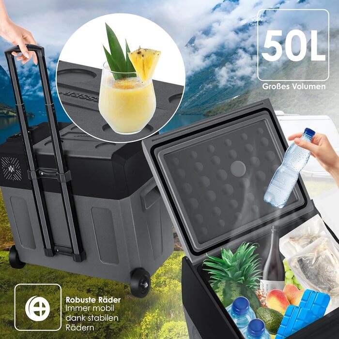 Електрична холодильна та морозильна камера KESSER® Kompressor, 50 літрів з керуванням через APP, USB, 12/24V/230V, телескопічна стійка, акумулятори холоду, колеса, охолодження до -20°C для авто, вантажівок, човнів, антрацит/чорний