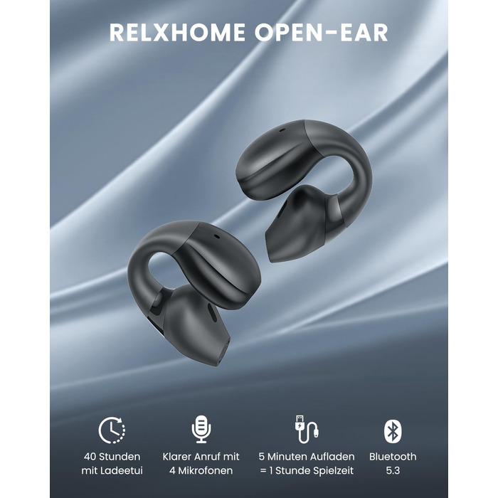 Навушники Relxhome Open Ear Bluetooth 5.4, HiFi, 4 мікрофони, шумозаглушення, світлодіодні, бездротові (чорні)