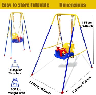 Дитяча гойдалка FCOUMY 3 в 1 для дому та вулиці з ременем безпеки, складаний металевий стійка, проста в збірці