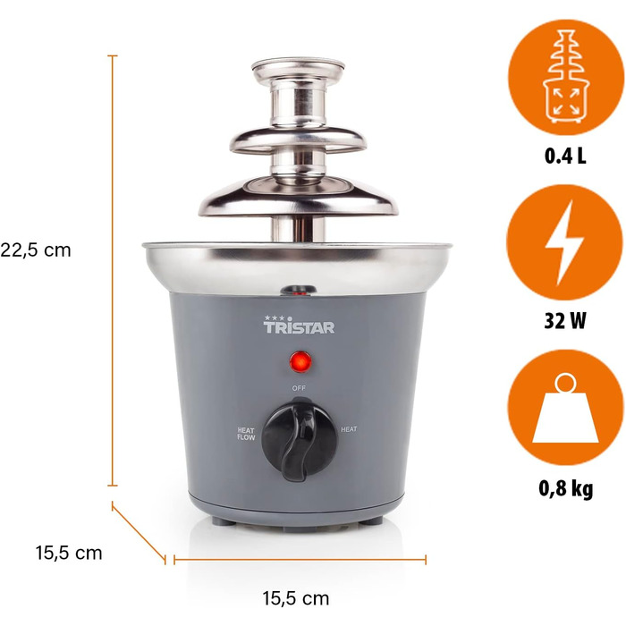 Шоколадний фонтан Tristar CF-1603 з нержавіючої сталі, 3 рівня, 0,4 л, функція підігріву, 32 Вт