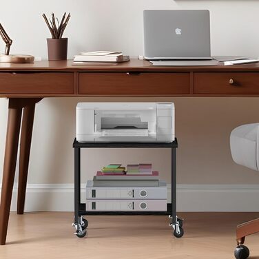 Двоярусний стіл для принтера з роликами, 30x42x37 см, дерев'яний та металевий, мобільний, для офісу та вітальні, чорний