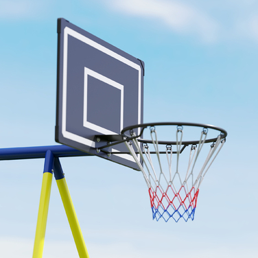 Комплект гойдалок 4-в-1 для дітей до 150 кг з сітчастою гойдалкою, баскетбольним кільцем, футбольними воротами та гойдалкою-качелюшкою. Розміри: 288 x 160 x 220 см.