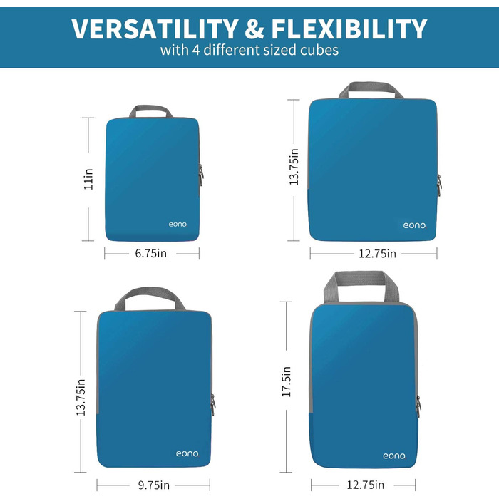 Набір компресійних органайзерів для одягу в дорогу Eono by Amazon, 4 шт, темно-синій — пакувальні куби для валізи та рюкзака