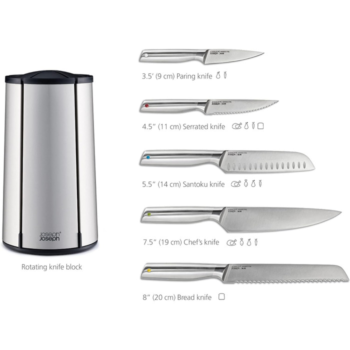 Joseph Joseph Elevate - Набір ножів з обертовим підставою (5 шт.) з нержавіючої сталі, японські леза, антифронт покриття, неслизьке дно