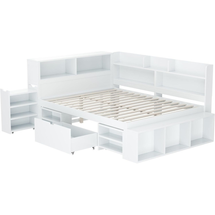 Дитяче ліжко 90x200 з ящиками, полицями та бар'єром, функціональне ліжко з дерева, без матраца, біле