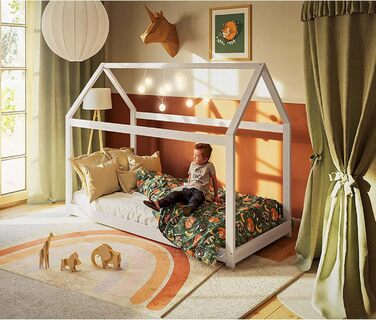 Ліжко Alcube House 90х200 в стилі Монтессорі для малюків з рейковим підставою і дахом для дівчаток і хлопчиків - Дитяче ліжко 90х200 від підлоги до стелі з масиву сосни - Ліжко в білому кольорі Білий - Без висувних ящиків - Монтессорі-стиль 90 х 200 см