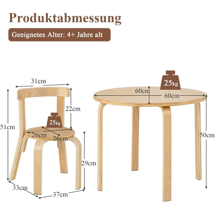 Дитячий столик та 4 стільчики DREAMADE з масиву дерева, дитячий меблевий набір для дівчаток та хлопчиків (натуральне дерево)