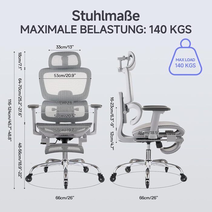 Ергономічне крісло для офісу з підніжкою та подушкою для шиї, 5-рівневе регулювання спинки, 2D підтримка попереку, 3D підлокітники/підголівник, функція нахилу 145°, сітчасте сидіння, гумові колеса (Сірий, Pro)