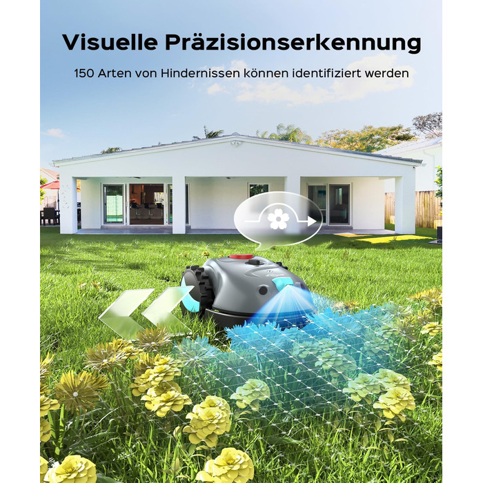 Робот-газонокосилка V100 без обмежувального кабелю з камерою, уникнення перешкод, навігація Vision, акумулятор 4 Ah, 150㎡, запасні леза, спіральне косіння, сірий колір