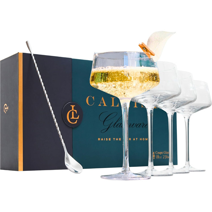 Набір келихів для мартини Callisto Glassware, 4 шт. з барними ложками, ручної витримки, кришталеві келихи Coupé для коктейлів, шампанського, мартини, мантхаттена, космополітену