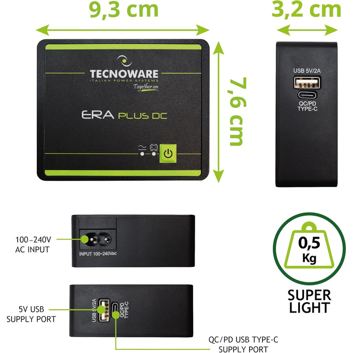 Mini UPS Tecnoware ERA Plus DC для WiFi, модему, відеоспостереження: Powerbank 5200mAh, захист від стрибків напруги та відключень (до 240 хв)