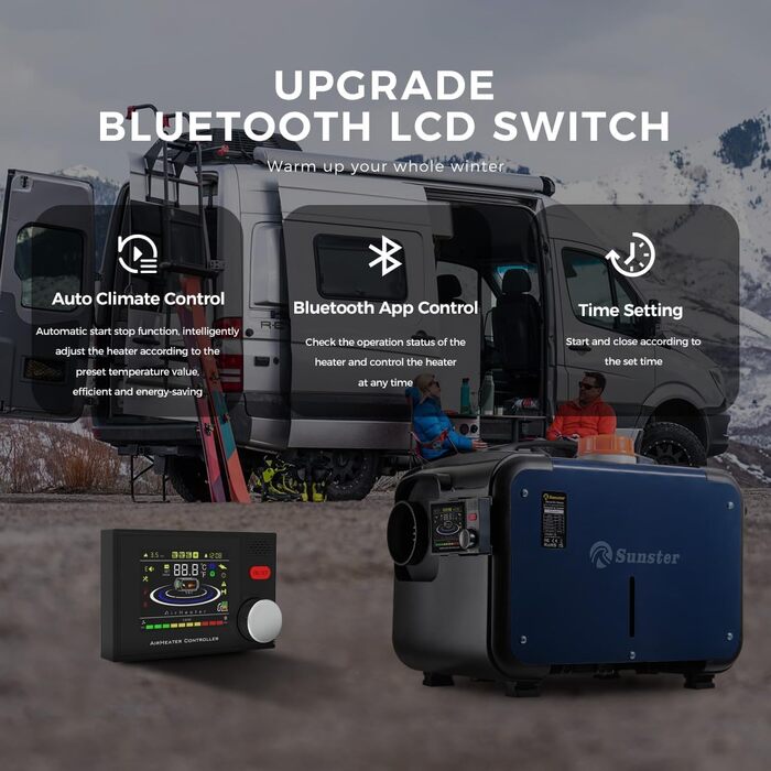 Дизельний опалювач 8kW з Bluetooth, 12V/24V/230V для вантажівок, фургонів, автодому, з автоматичним запуском та адаптером живлення, 2025 року випуску, блакитний