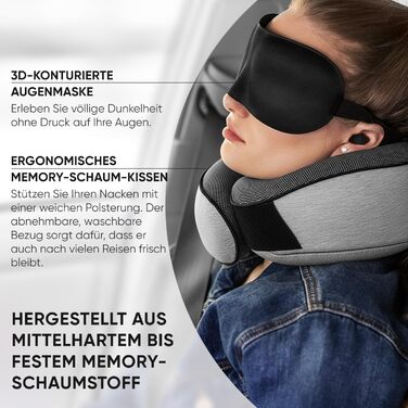 Подушка для подорожей Proglobe з Memory Foam, ортопедична, сіра. З маскою для сну та чохлом.