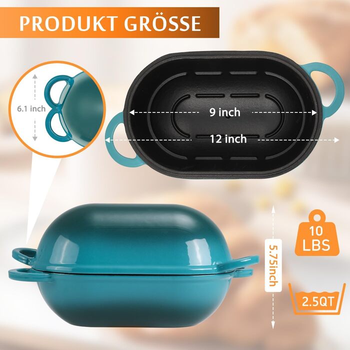 Форма для випікання хліба з кришкою Gusseisen, 23 см, емальована чавунна форма, 2.75 л, для випікання хліба, жаровня з кришкою, сумісна з духовкою (перехідний колір блакитно-зелений)