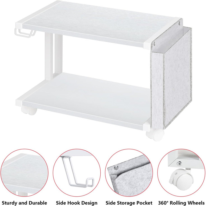 Друкерний стіл Shinoske з 2 рівнями, ролик з дерева та металу, 45x29x33 см. Підходить для принтера, сканера, факсу, офісу та дому