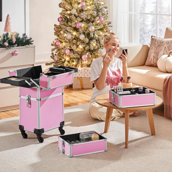 Косметичка Yaheetech 4 в 1: великий органайзер для косметики, ювелірних виробів та інструментів перукаря (рожевий)