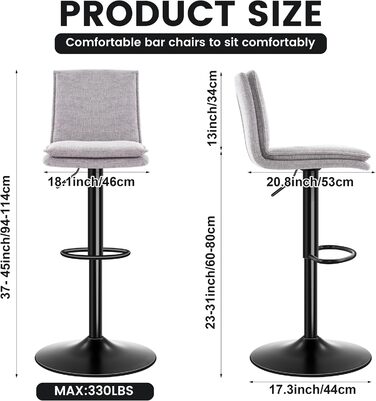 Барний стілець з льону, регульована висота, обертається, з підлокітником, для кухні та їдальні, сірий, 2 шт. Gary New
