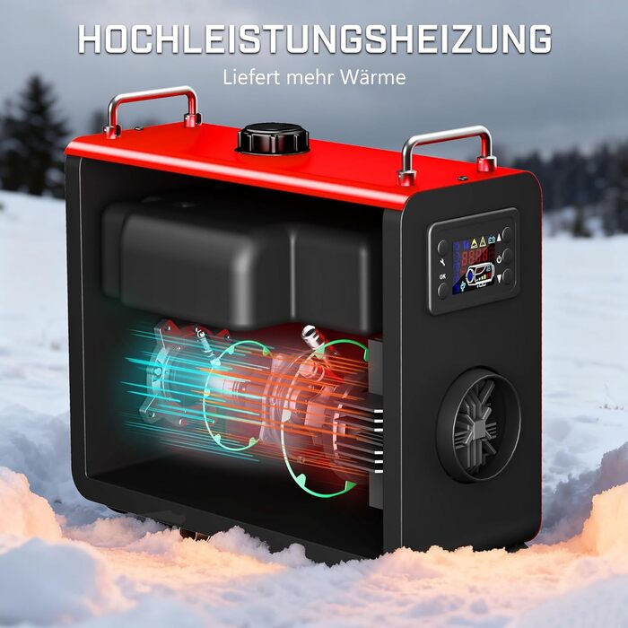 Дизельний опалювач LDHTHOPI 8 кВт, 12/24V з таймером, LCD-дисплеєм та пультом, швидкий нагрів 4.5л, для гаража, кемпінгу, автодому, червоний