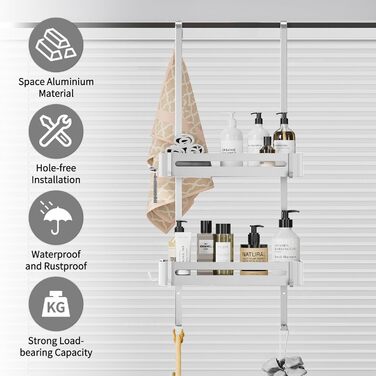 Настінна поличка для душу без свердління, чорна, для скляних душових кабін, регульована висота, 3 гачки для шампуню та гелю для душу