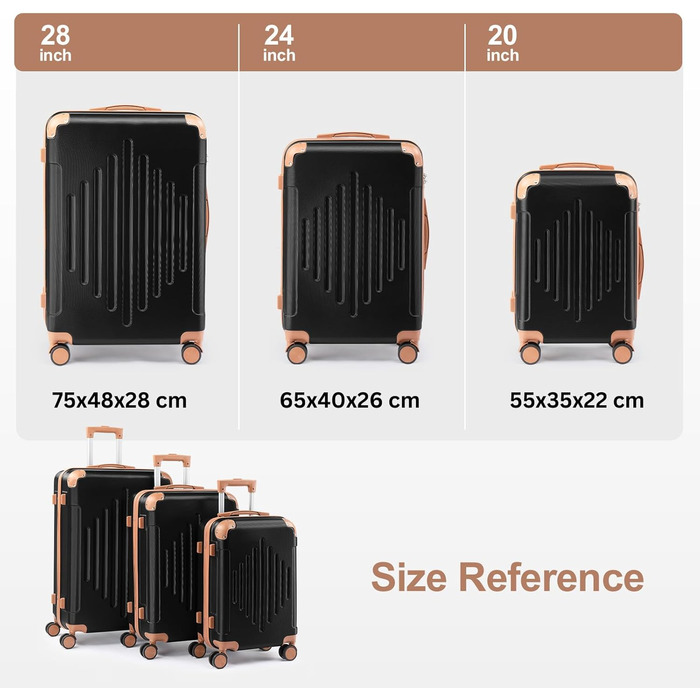 Набір валіз LEADZM 3 шт. з захистом кутів, жорсткий набір валіз-ролерів з ABS, телескопічна ручка, ручна поклажа (чорно-коричневий)