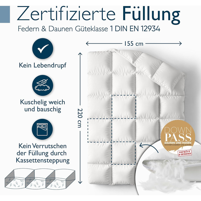 Пухова ковдра Beautissu для всієї пори року з 100% пуху та пера – Made in Germany – Сертифікація Oeko-Tex, Downpass & Nomite – 100% бавовняний чохол, 135x200 см, пральна машина, зимова ковдра 155x220 см