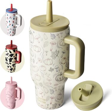 Термокружка-пляшка з нержавіючої сталі 900мл з ручкою та трубочкою – BPA-free, подвійні стінки, без витоку – для подорожей, офісу, навчання, спорту та як подарунок (дизайн «Кропива»)