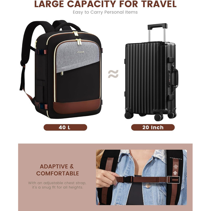 LOVEVOOK Рюкзак для ручної поклажі, дорожній рюкзак для жінок, водонепроникний, з відділенням для взуття, 17-дюймовий ноутбук, 40L, 45x36x20 см, Carry on Luggage (Чорний+сірий+коричневий)