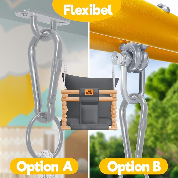 Дитячий гойдалка-колиска KIDIZ® для немовлят від 6 місяців та малюків до 3+ років. Дерев'яна гойдалка з регульованою висотою та м'якою подушкою. Для дому та вулиці, антрацит.